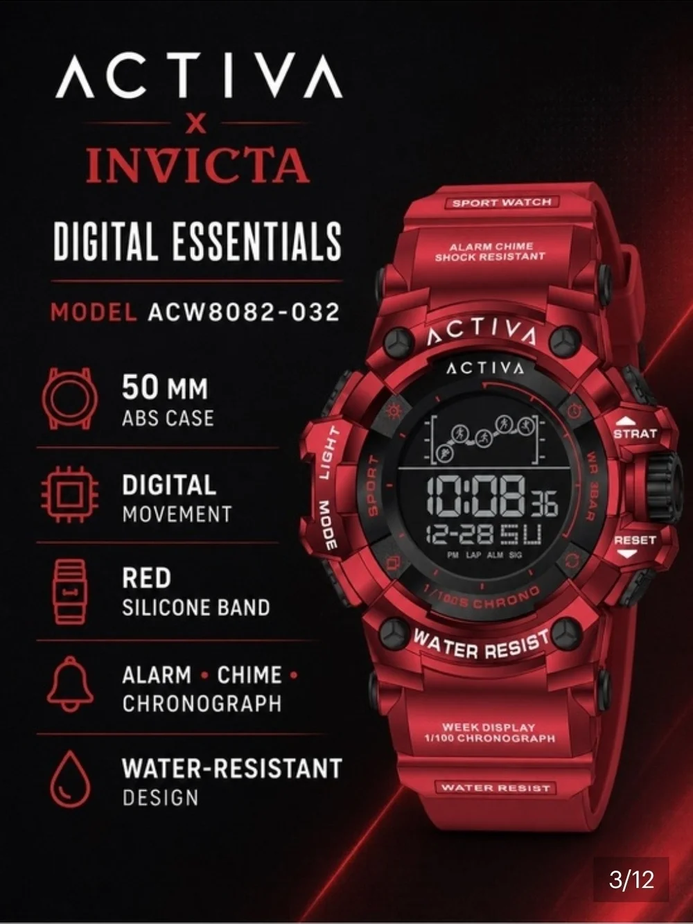 ACTIVA X INVICTA NWT Red Unisex Digital Sport Watch 50mm - Water Resistant